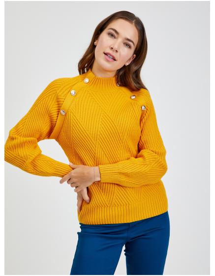 Žlutý dámský žebrovaný svetr s ozdobnými knoflíky
