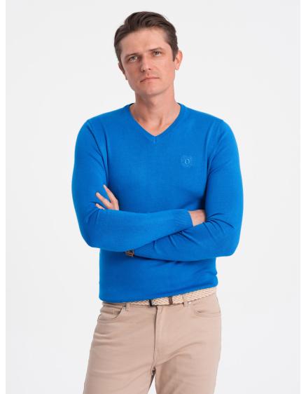 Pánský svetr s výstřihem do V V19 OM-SWBS-0107 modrý